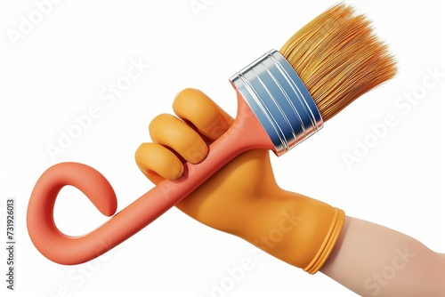 3d render, flexible long cartoon caucasian human hand holds paint brush. Professional painter with equipment. Construction or renovation service clip art isolated on white, Generative AI