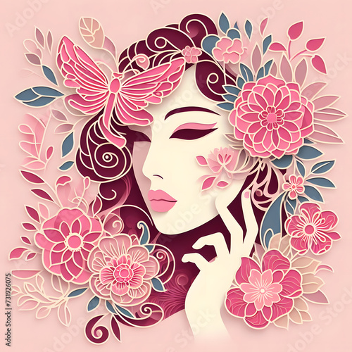 Women's Face Illustration Paper cut with flowers and floral design, Celebrating Internation Women's Day