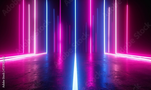 3d render, abstract background with vertical bright neon lines glowing in the dark. Futuristic ultraviolet wallpaper, Generative AI © Reeta