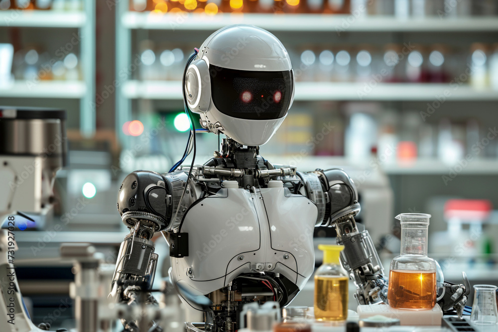 robot in modern laboratorium as a scientist, asystent labolatoryjny, blurred background. Artificial intelect in future life. AI Generated robot in modern laboratorium as a scientist, asystent labolatoryjny, blurred background. Artificial intelect in future life. AI Generated