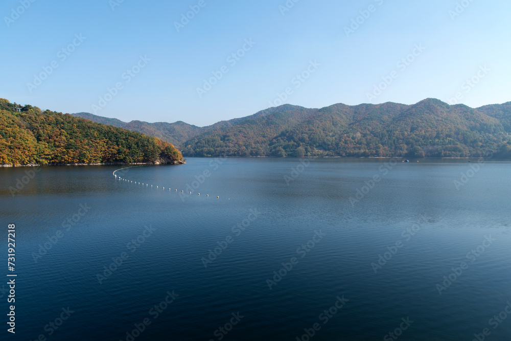 View of the lake in the autumn mountains