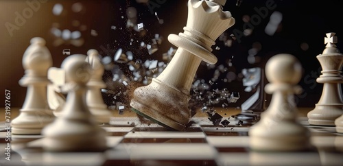 The white wooden king chess piece falls onto the chessboard and smashes the black chess pieces. 3d animation of aggressive attack and successful strategy. Winning the, Generative AI