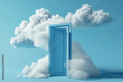 3d render, white fluffy clouds going through, flying out, open door, objects isolated on blue background. Door to haven abstract metaphor, modern minimal concept. Surreal dream, Generative AI