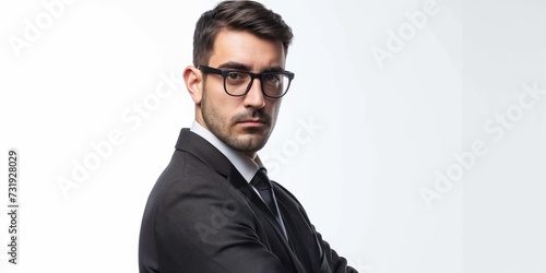 Serious, lawyer and portrait of man with glasses in white background of studio with suit for corporate career. Attorney, businessman and assertive professional entrepreneur with confidence in the law