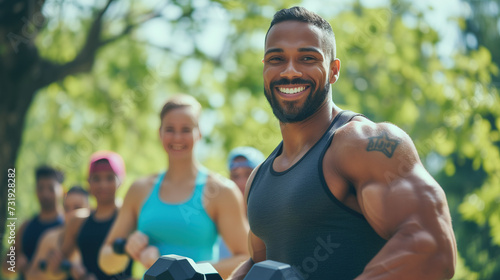 A male fitness trainer is leading a group exercise outdoors, smiling. dressed in sports clothes, dumbbells in his hands, his students in the background.