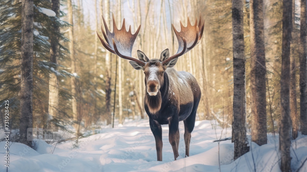 Adult moose standing in the snow Adult moose standing in the snow
