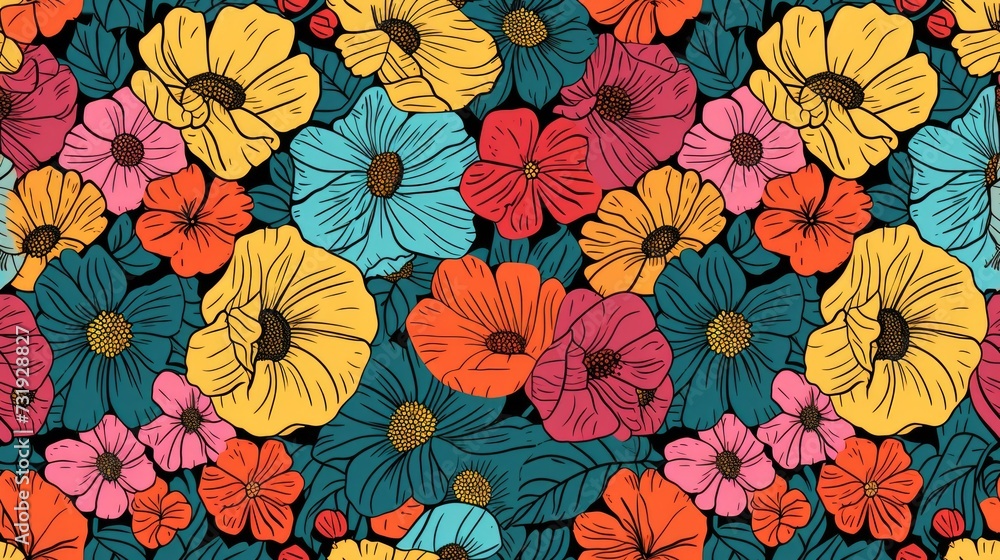 Colorful flowers, seamless pattern background. Generative Ai Colorful flowers, seamless pattern background. Generative Ai