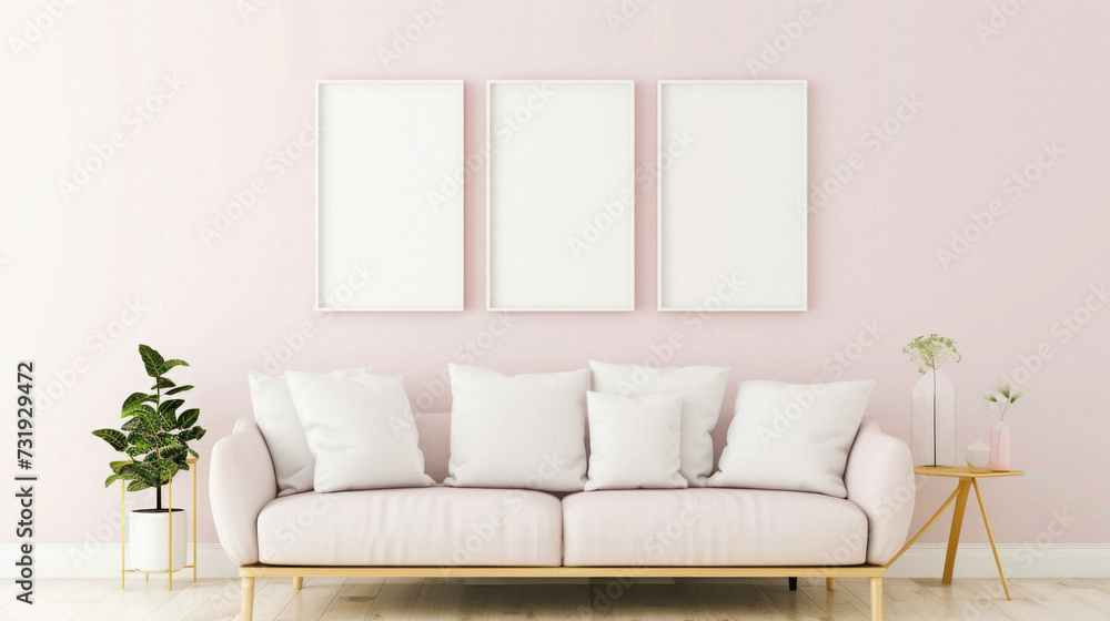Frames mock up on color wall hanging above cozy home sofa. Modern living room comfortable stylish trendy couch posters decor background. Empty blank pictures canvas interior design decoration mockup .