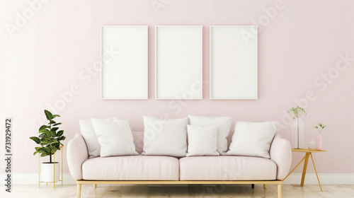 Frames mock up on color wall hanging above cozy home sofa. Modern living room comfortable stylish trendy couch posters decor background. Empty blank pictures canvas interior design decoration mockup . © Synthetica