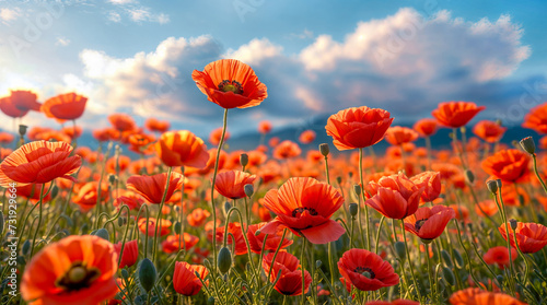 A field of bright red poppies under blue sky. An image for covers  backgrounds  wallpapers. For summer and Remembrance Day projects.