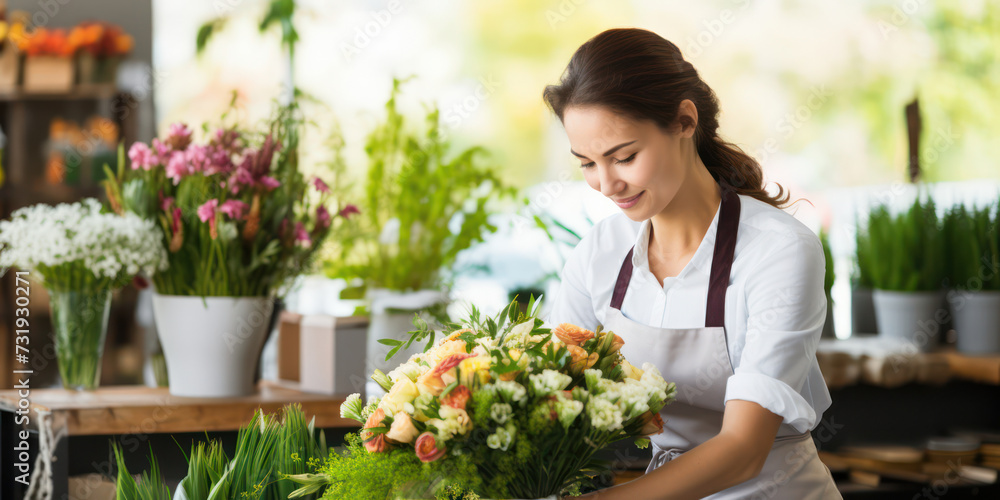 Cheerful Florist Owner Arranging Beautiful Bouquet in Small Flower Shop, Smiling Woman Holding Bunch of Natural Flowers.