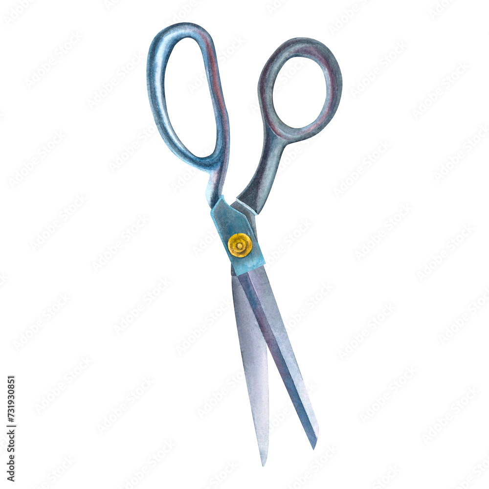 Stainless steel shears. Hand drawn watercolor illustration of open metallic scissors isolated on background. Use for poster, print, card, postcard, template, shop, advertising, children’s book. Stainless steel shears. Hand drawn watercolor illustration of open metallic scissors isolated on background. Use for poster, print, card, postcard, template, shop, advertising, children’s book.