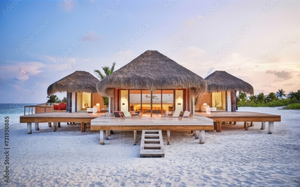 Luxury beach resort. Maldives architecture. - obrazy, fototapety, plakaty 