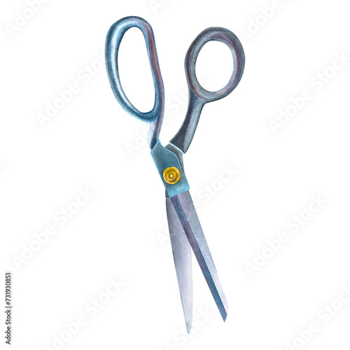 Stainless steel shears. Hand drawn watercolor illustration of open metallic scissors isolated on background. Use for poster, print, card, postcard, template, shop, advertising, children’s book.