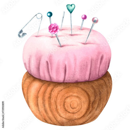 Pink pincushion with needles, safety pin and plastic head pins. Hand drawn watercolor illustration of holder isolated on white background. Suitable for handmade logos, packaging of sewn things.
