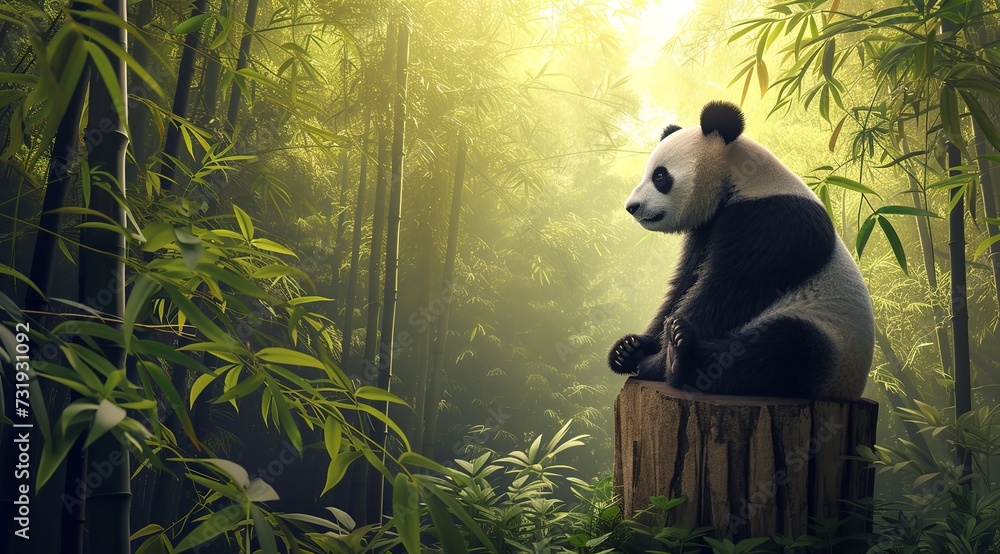 A Baby Panda is Sitting on a Stump in a Bamboo