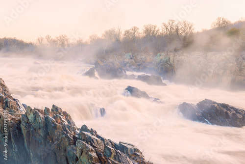 View of the Great Falls of the Potomac River on a foggy winter morning