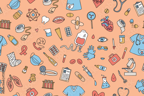 Seamless pattern of medical products, medicines, clothes, first aid kit in doodle style. Vector illustration