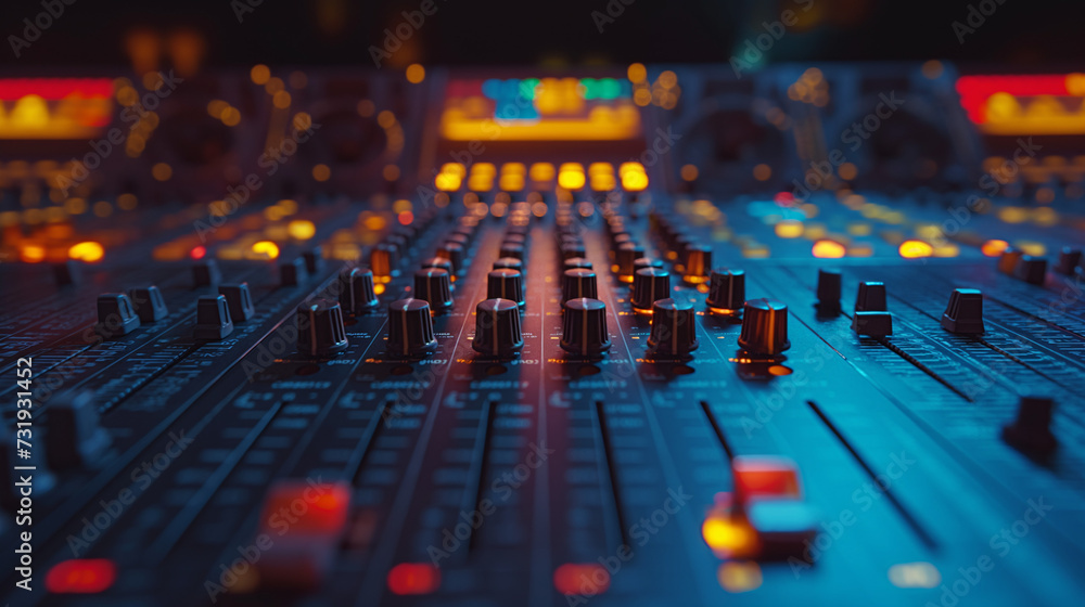 close up shot detail sound mixer control panel button in natural light. DJ or studio sound mixer recorded close up view close up shot detail sound mixer control panel button in natural light. DJ or studio sound mixer recorded close up view