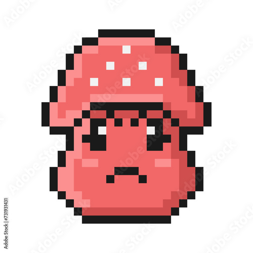 Pixel fly agaric angry mushroom illustration. Cartoon red enraged face
