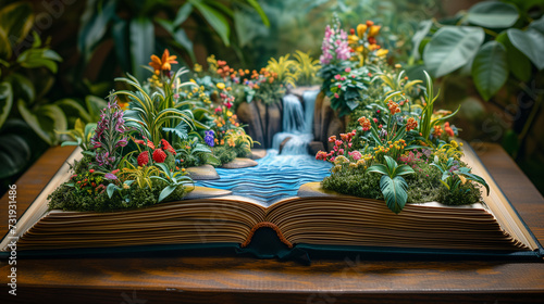 A magical ancient book, with a wellspring emerging from the pages