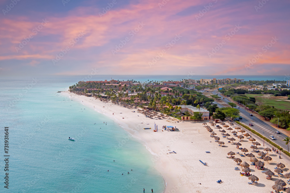 Aerial from Druif Beach on Aruba island in the Caribbean Sea at sunset Aerial from Druif Beach on Aruba island in the Caribbean Sea at sunset