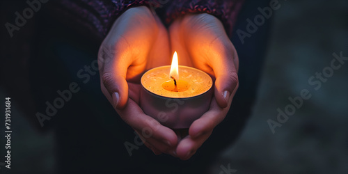 A Serene Evening with Hand Holding a Burning Candle .