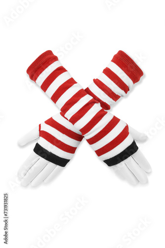 Close-up photo of a pair of striped fingerless gloves with thumbhole. Long white and red glovelettes are isolated on a white background. Front view. photo