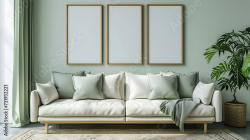 Frames mock up on color wall hanging above cozy home sofa. Modern living room comfortable stylish trendy couch posters decor background. Empty blank pictures canvas interior design decoration mockup .