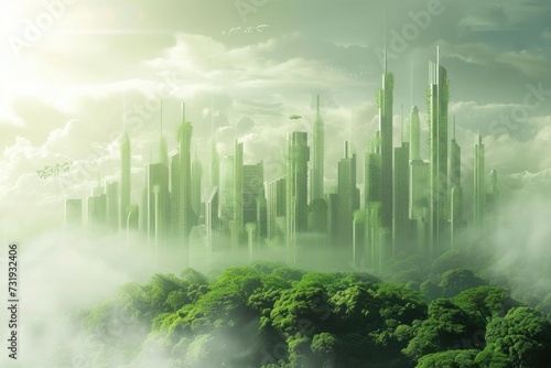 An eco-friendly green city of the future, merging lush forests with modern skyscrapers, illustrating sustainability and ecological urban planning..