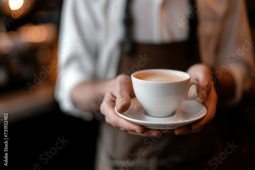 Waiter holding cup of coffee in cafe with morning light, Breakfast in restaurant, Man in apron serving coffee