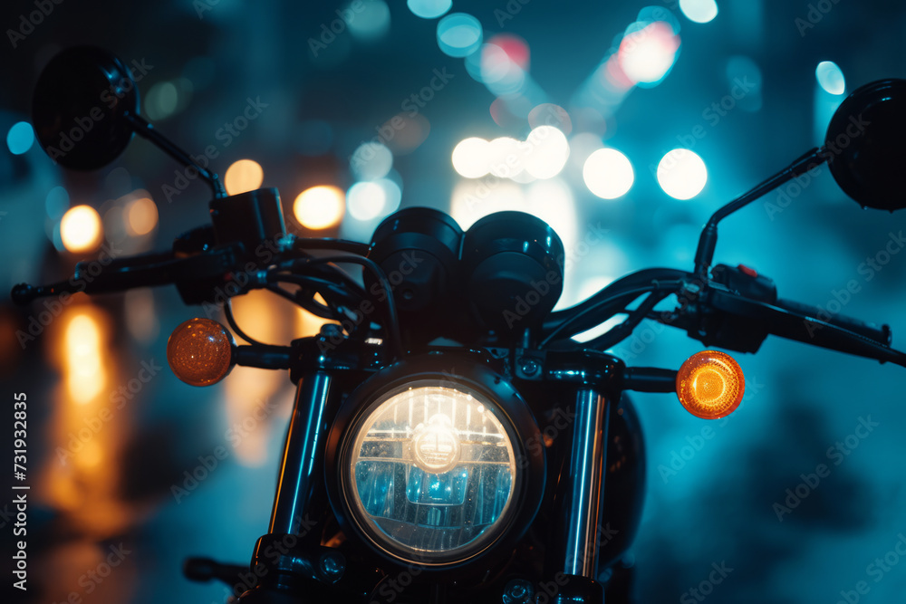 Cropped image of motorbike with glowing headlamp in the night. Stunning ...