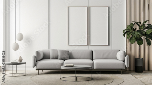 Frames mock up on color wall hanging above cozy home sofa. Modern living room comfortable stylish trendy couch posters decor background. Empty blank pictures canvas interior design decoration mockup . © Synthetica