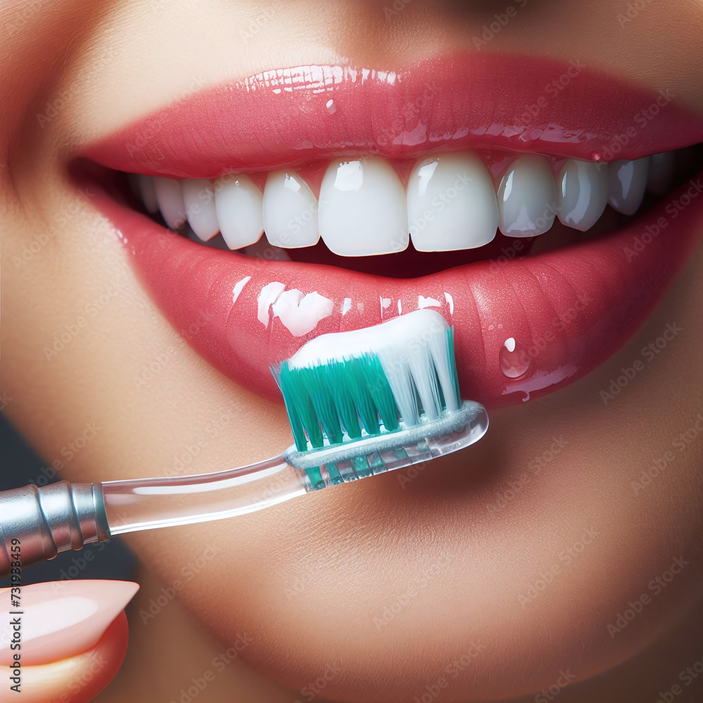 Obraz premium Closeup portrait of beautiful young woman with toothbrush and healthy teeth