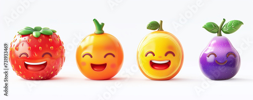 colorful cartoon 3d fruits with cute faces isolated on white background