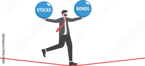 Stocks vs bonds in investment asset allocation, risk assessment portfolio or expected return in long term mutual funds, pension fund concept, businessman investor balance on stocks and bonds seesaw.

