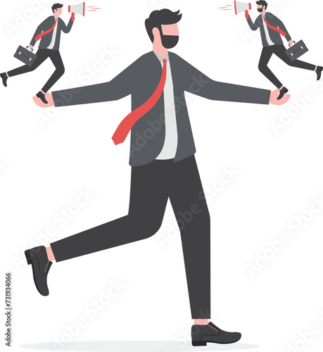 Employee voice, listen to colleague opinion or idea, choose to believe in truth, fact or liar team member concept, businessman manager or boss listening to employees shouting on both his hands.

