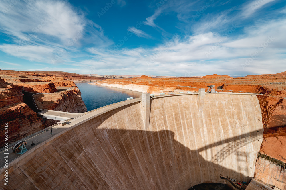 Panorama of Glen Canyon Dam and Glen Canyon Dam Bridge at Colorado river in a sunny day, Arizona, USA Panorama of Glen Canyon Dam and Glen Canyon Dam Bridge at Colorado river in a sunny day, Arizona, USA