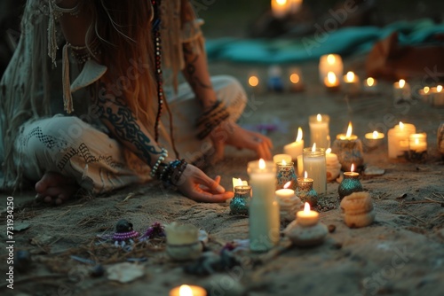 Unrecognizable person lighting different decorative burn scented aroma candles flame mystic magic ritual meditation magical attributes relaxation outdoors sand beach night evening. Esoteric witchcraft