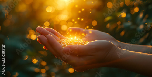 Closeup of female hands holding golden shining sun on blurred nature background