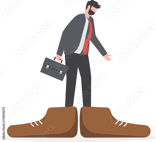 Work responsibility, put right man in the right job, working skill to fit job position, anticipation to be promoted, mistake or problem concept, frustrated businessman trying to put too big shoes.

