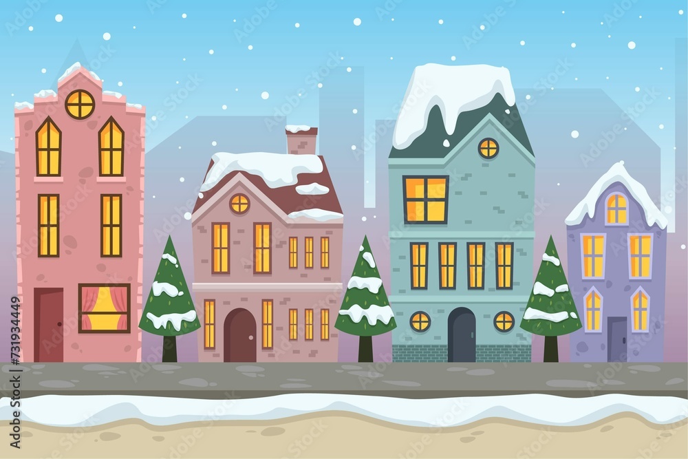 Flat Winter Town Cityscape Scenery Background