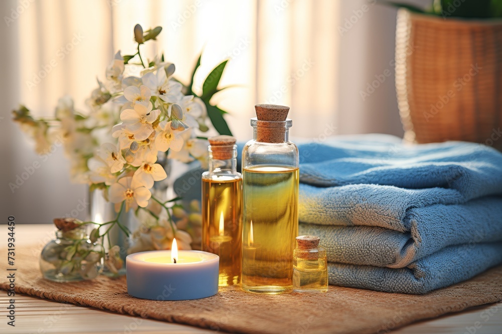 a set of oils and spa towels on a wooden surface, warm light, blurred background with bluish accents