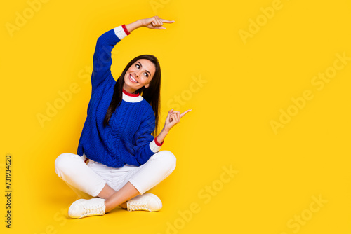 Full length photo of woman introduce startup technological innovation in ukraine direct fingers banner isolated on yellow color background © deagreez