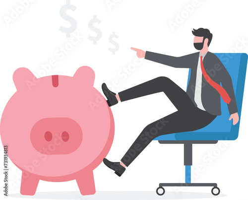 Personal finance expert, success salary man with high saving rate, investment or wealth management, income tax concept, confidence businessman sit with wealthy piggy bank thinking about money profit.
