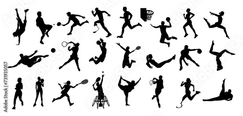 Silhouettes of different men, women, disabled persons performing various sport activities. Bundle of training, exercising people, playing basketball, tennis, football, running. Vector illustrations. photo