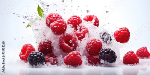Fresh and Juicy Raspberry: A Burst of Red Deliciousness on a Cold and Refreshing Background