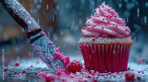 a pink frosted cupcake with a knife sticking out of it next to a pile of pink sprinkles. photo