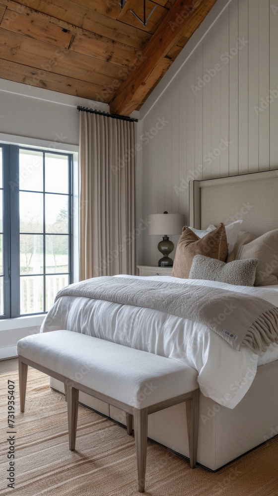 Cozy bedroom interior design. Modern light house or hotel room with comfortable large king size bed, luxury linen and stylish trendy minimal or classic decor background. Bedroom home furniture shop . Cozy bedroom interior design. Modern light house or hotel room with comfortable large king size bed, luxury linen and stylish trendy minimal or classic decor background. Bedroom home furniture shop .