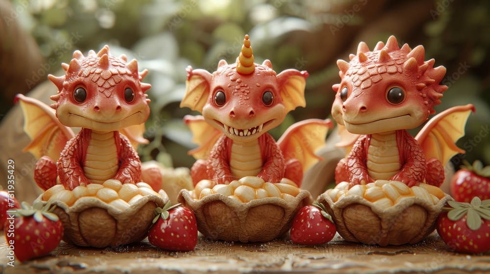 a group of little red dragon figurines sitting next to each other on top of a pile of strawberries.